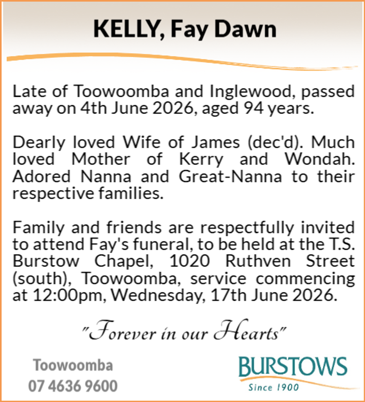 Funeral notice for Fay Dawn Kelly
