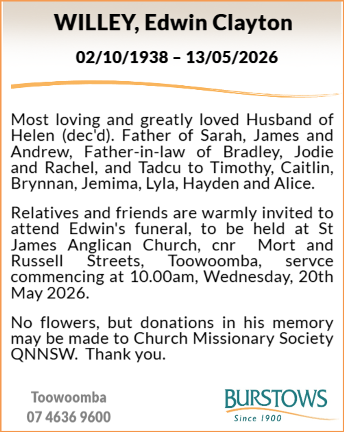 Funeral notice for Edwin Clayton Willey