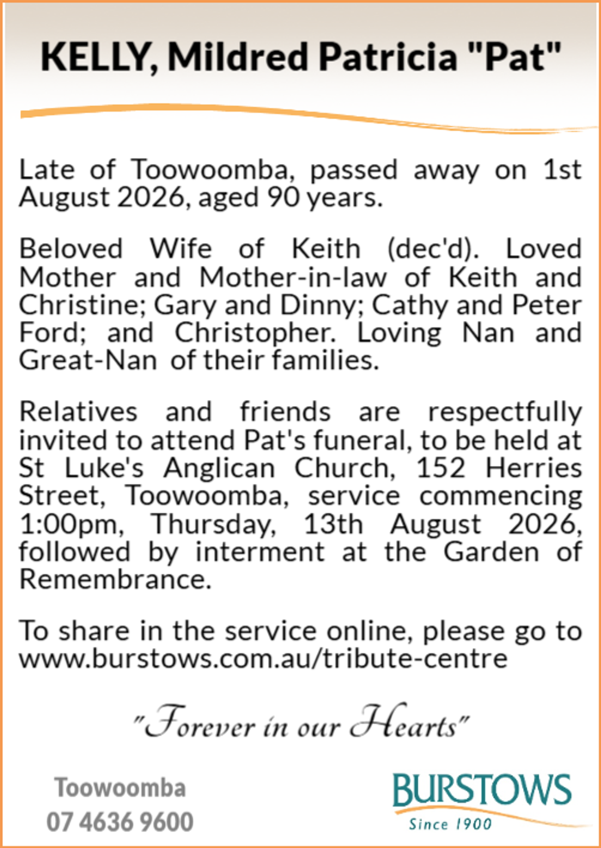 Funeral notice for Mildred Patricia Kelly