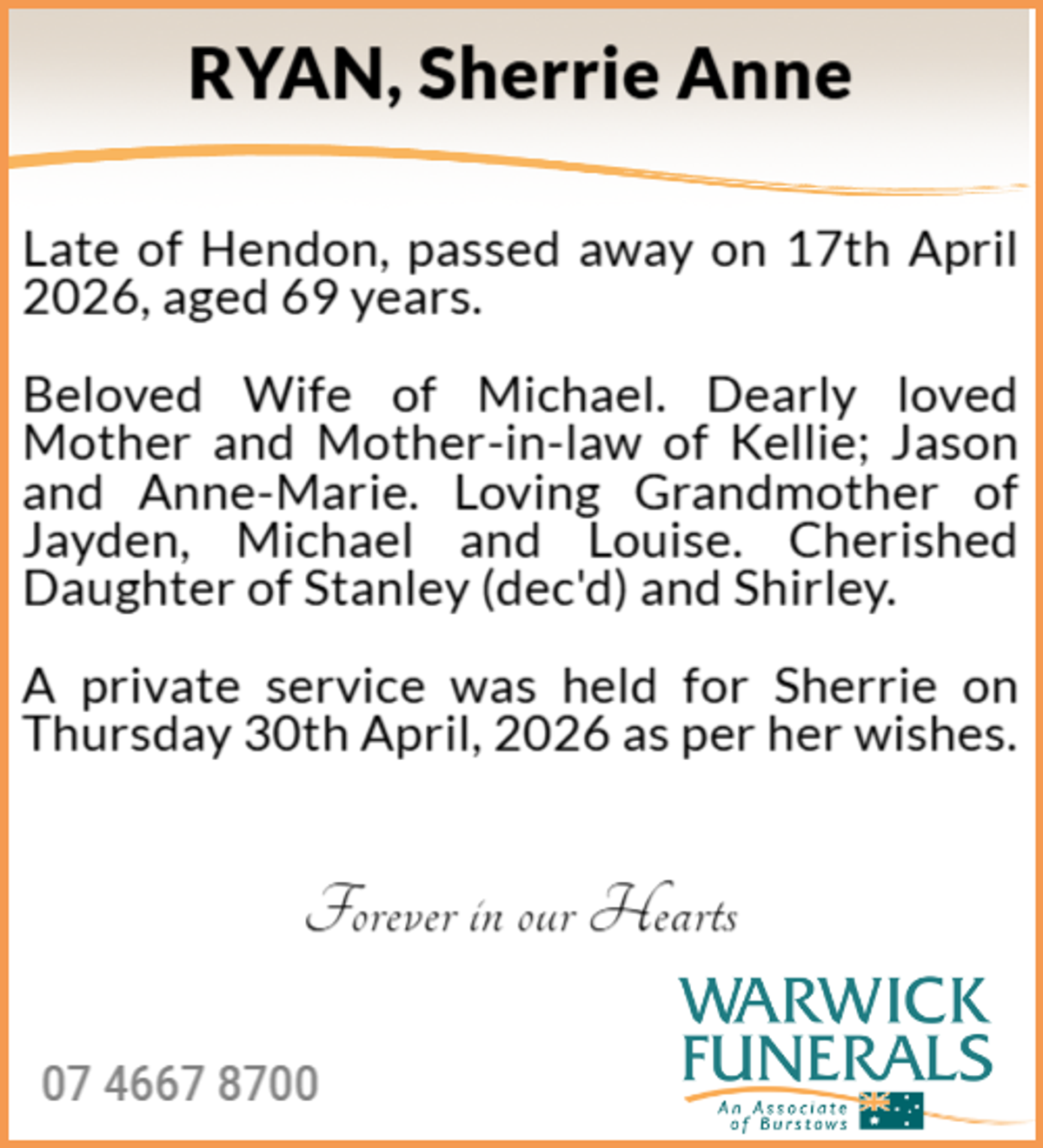 Funeral notice for Sherrie Anne Ryan