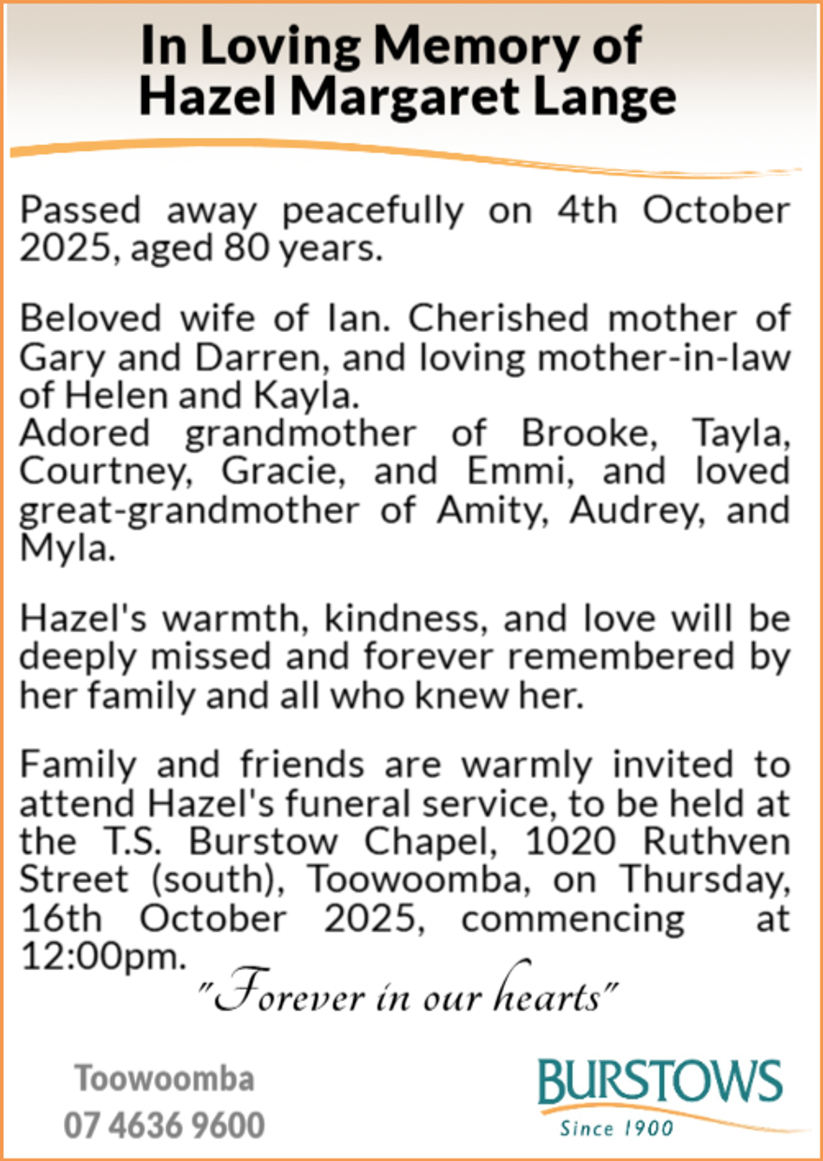 Funeral notice for Hazel Margaret Lange