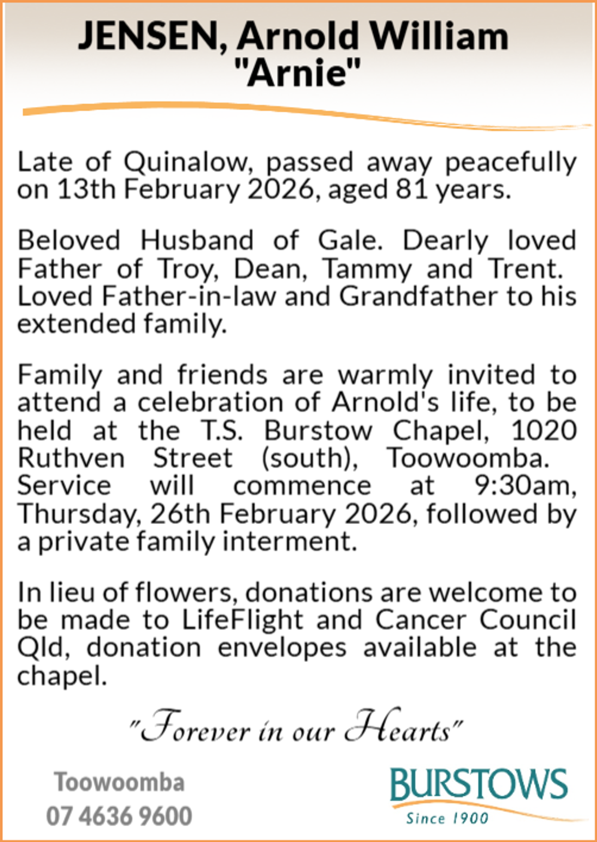 Funeral notice for Arnold William Jensen