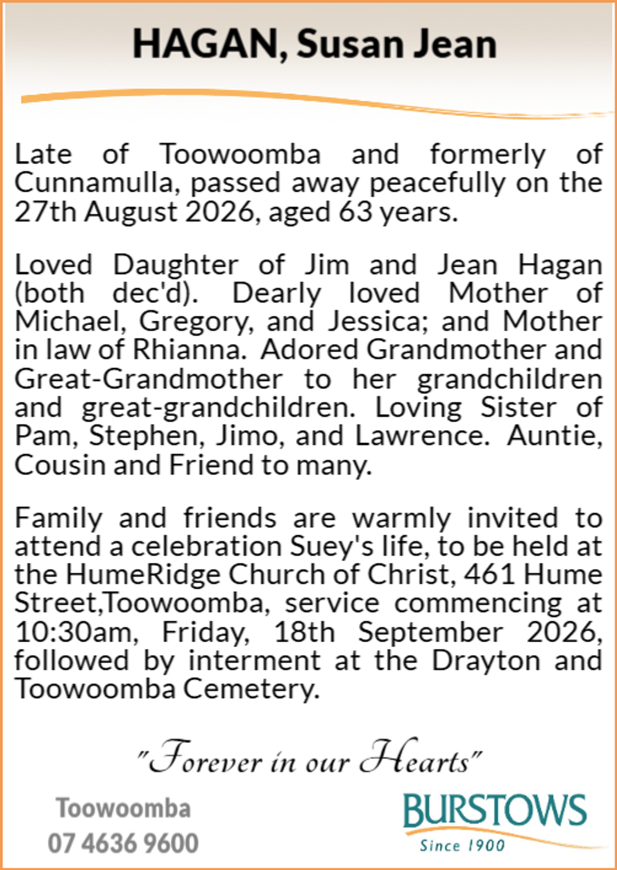 Funeral notice for Susan Jean Hagan