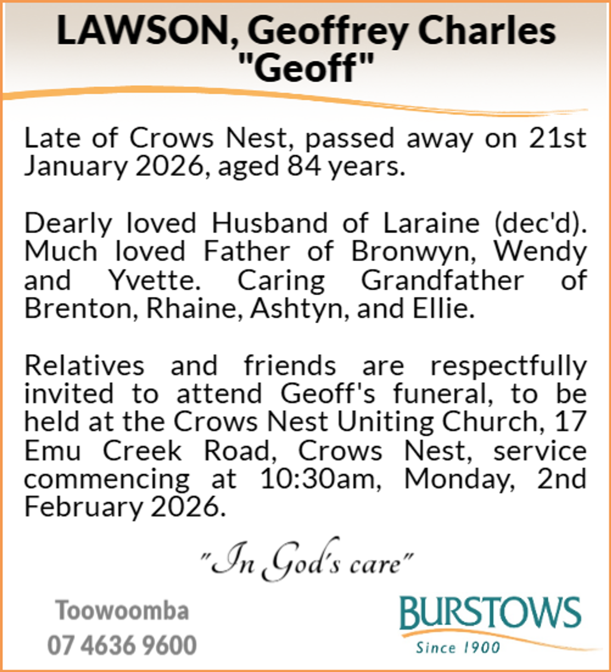 Funeral notice for Geoffrey Charles Lawson