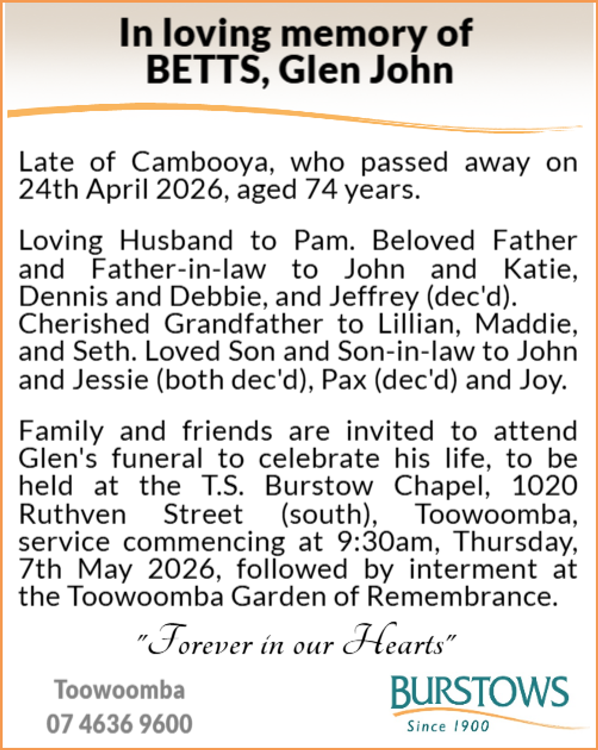 Funeral notice for Glen John Betts