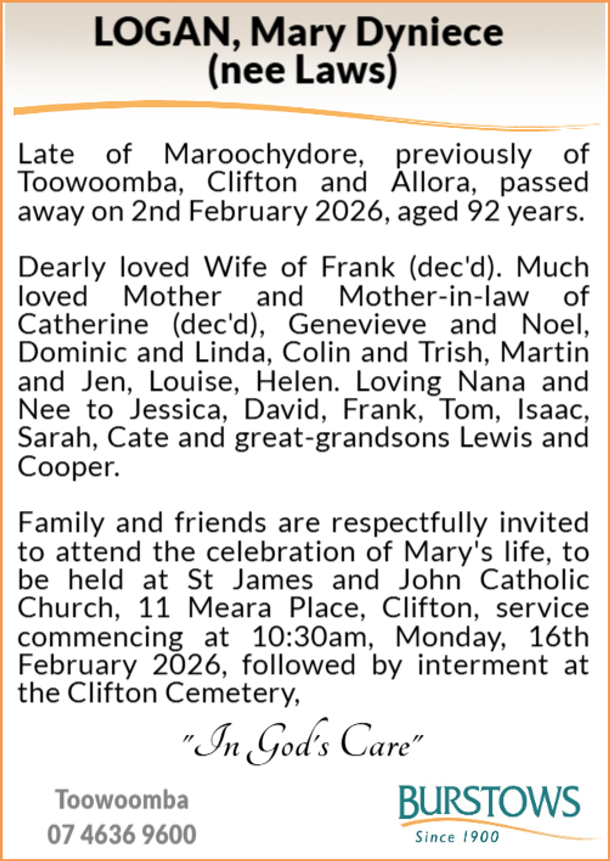 Funeral notice for Mary Dyniece Logan