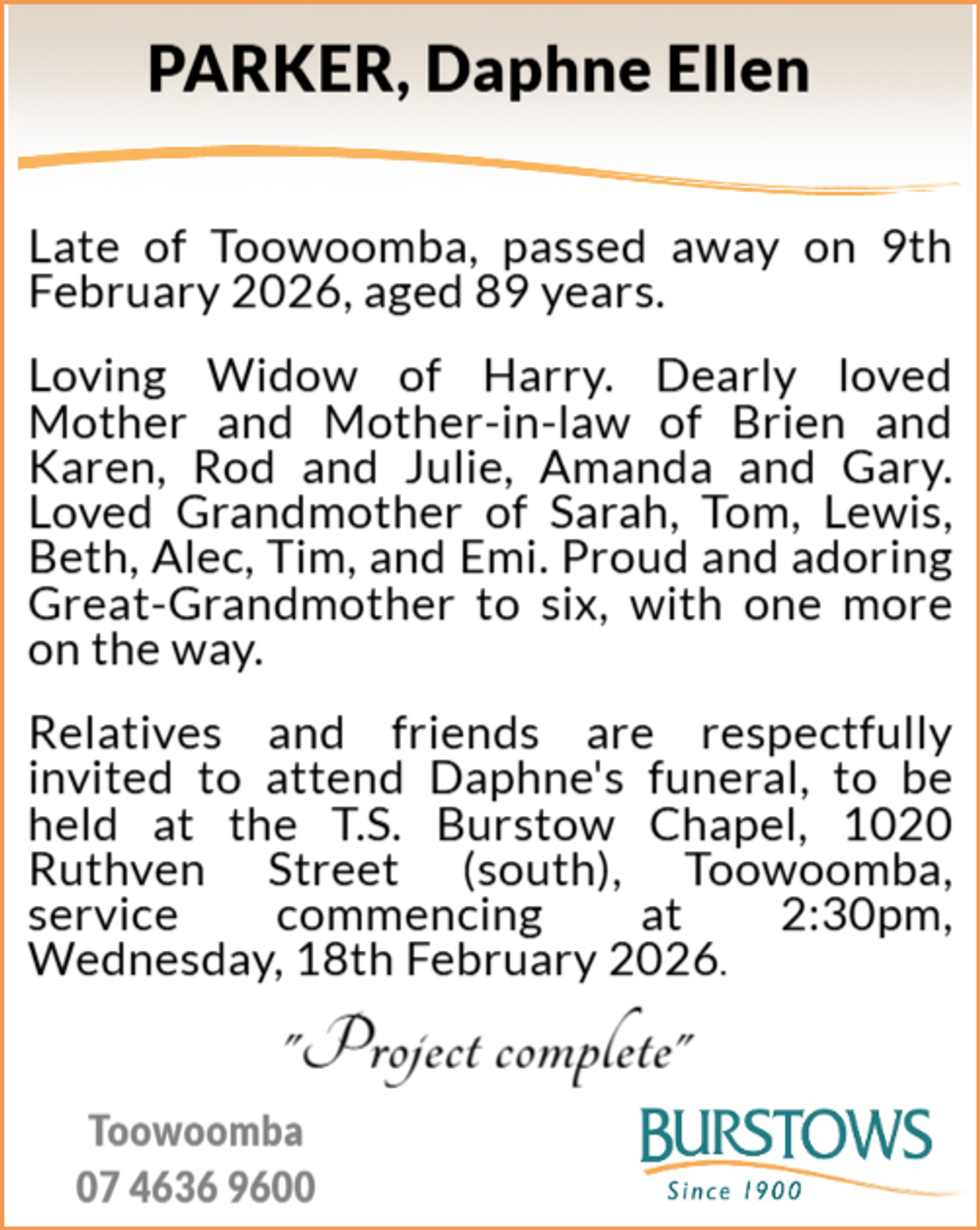 Funeral notice for Daphne Ellen Parker