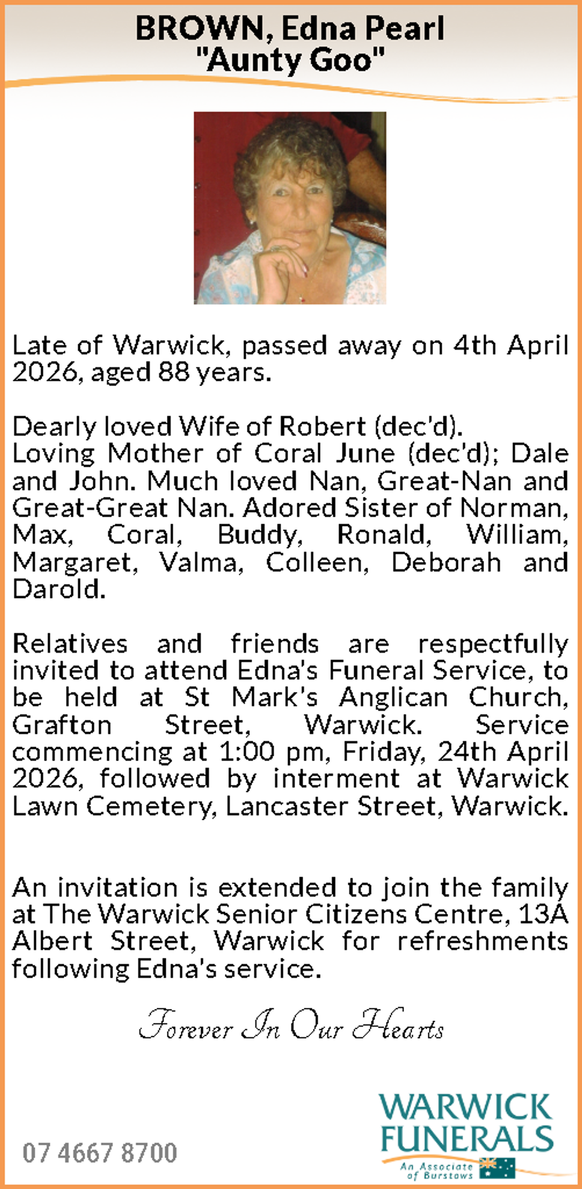 Funeral notice for Edna Pearl Brown