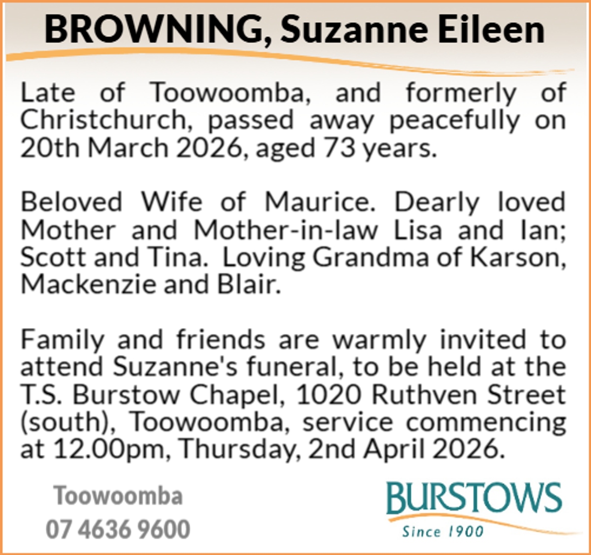 Funeral notice for Suzanne Eileen Browning