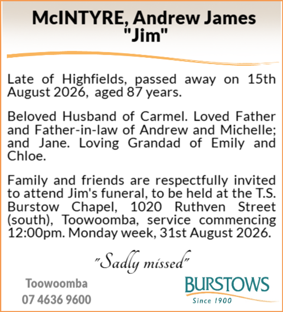 Funeral notice for Andrew James McIntyre