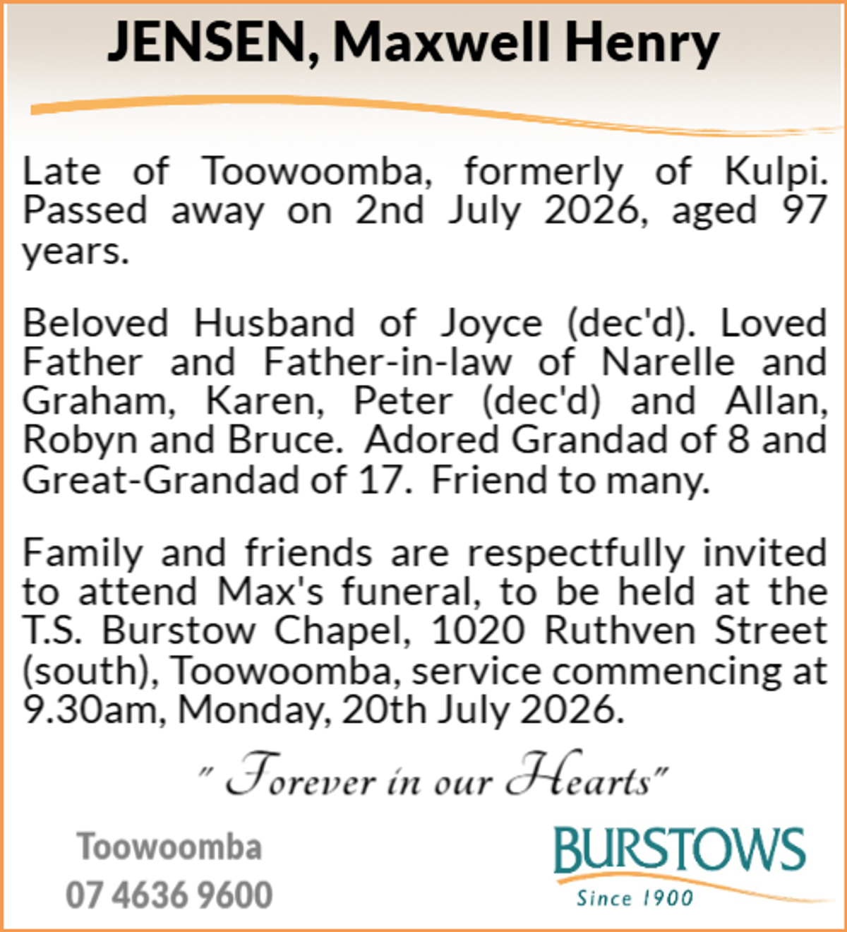 Funeral notice for Maxwell Henry Jensen