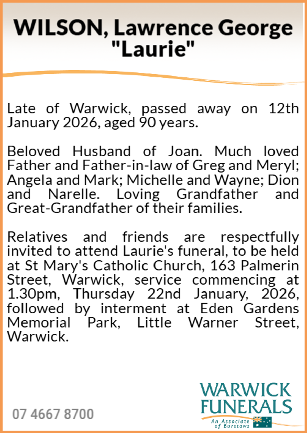 Funeral notice for Lawrence George Wilson