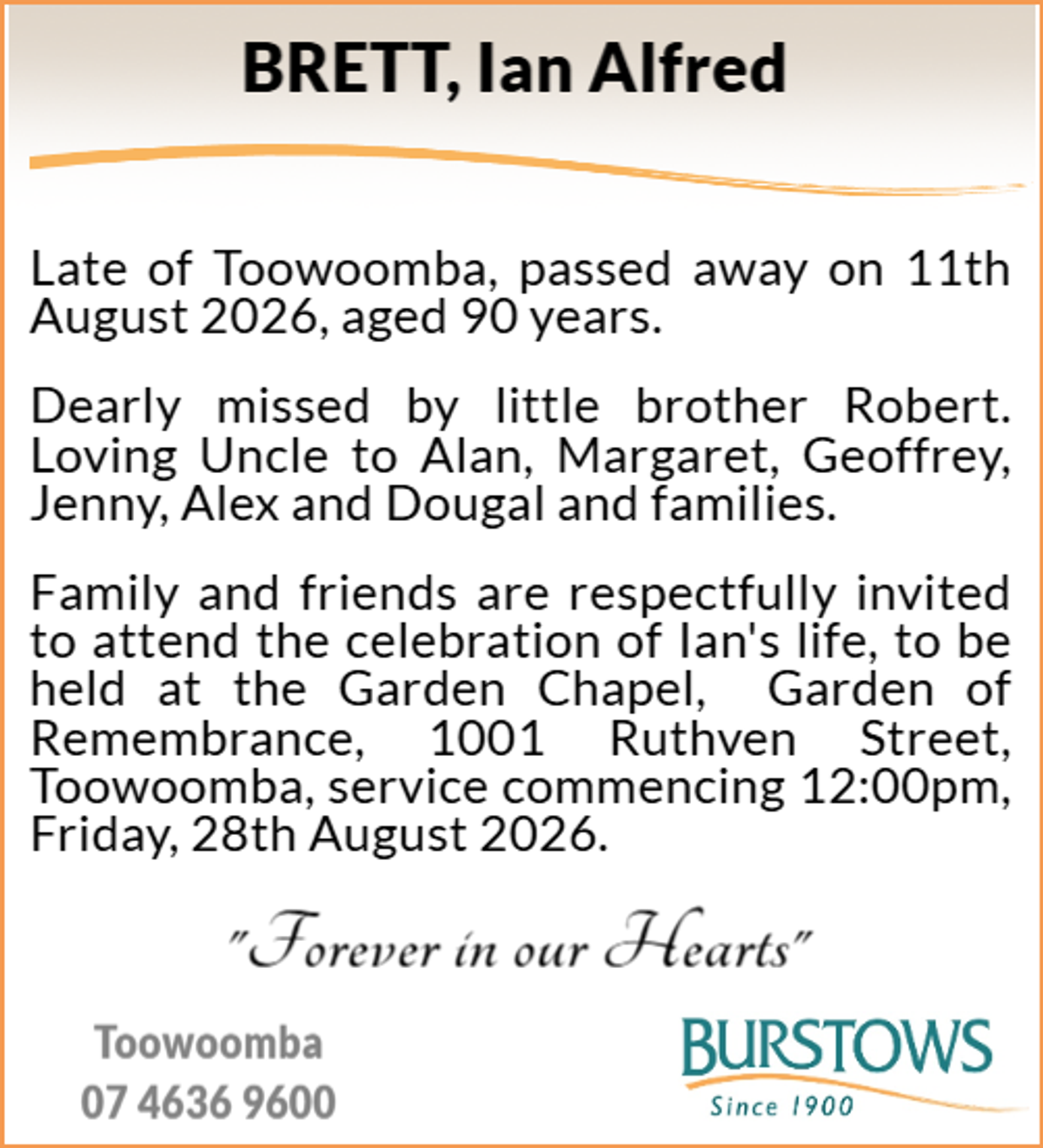 Funeral notice for Ian Alfred Brett