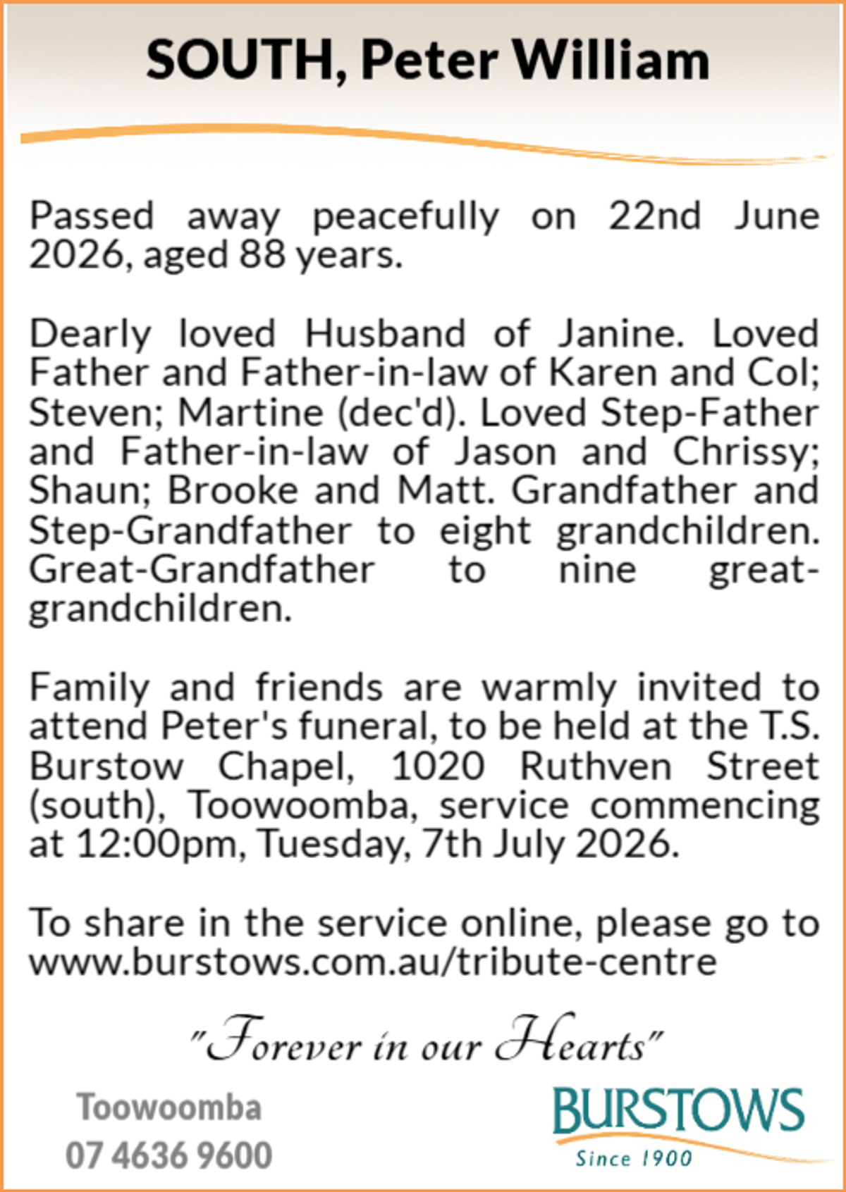 Funeral notice for Peter William South