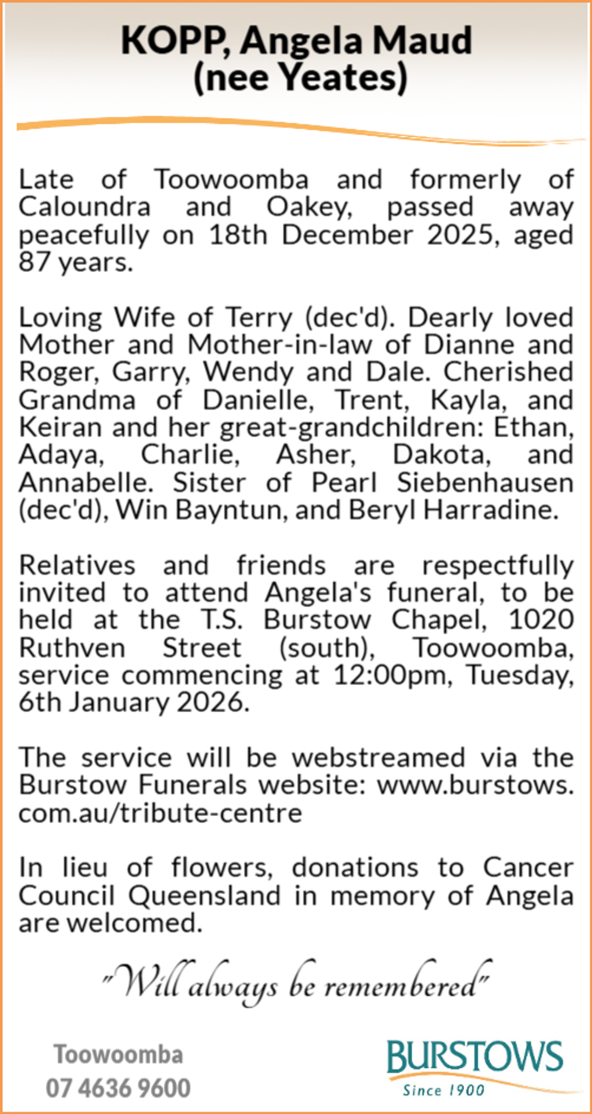 Funeral notice for Angela Maud Kopp