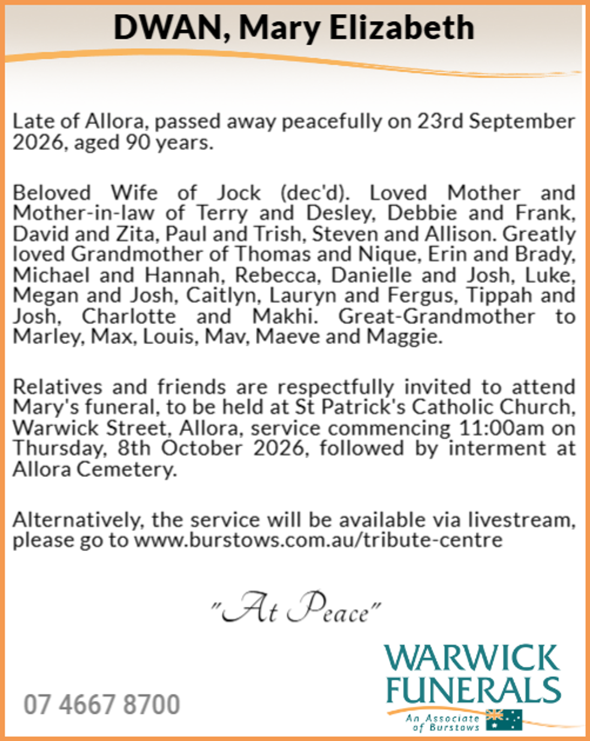 Funeral notice for Mary Elizabeth Dwan