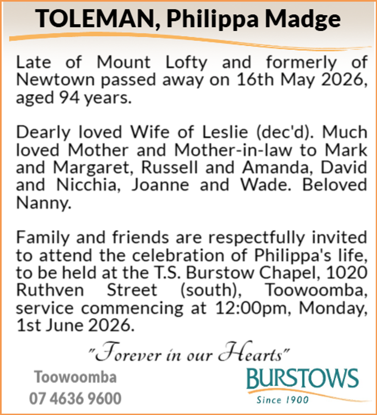 Funeral notice for Philippa Madge Toleman