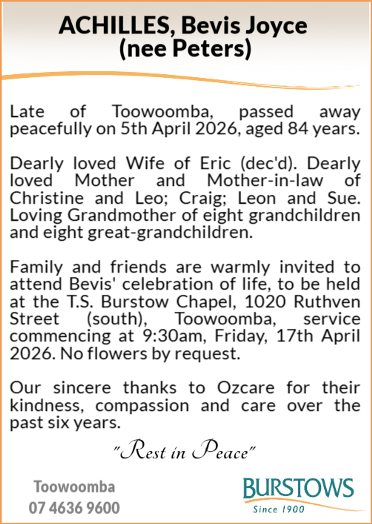 Funeral notice for Bevis Joyce Achilles