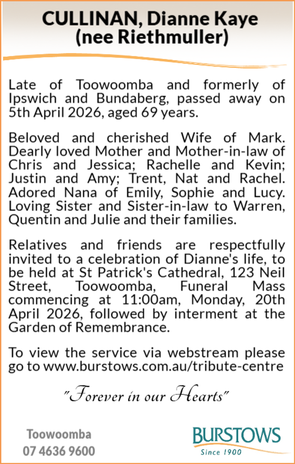 Funeral notice for Dianne Kaye Cullinan