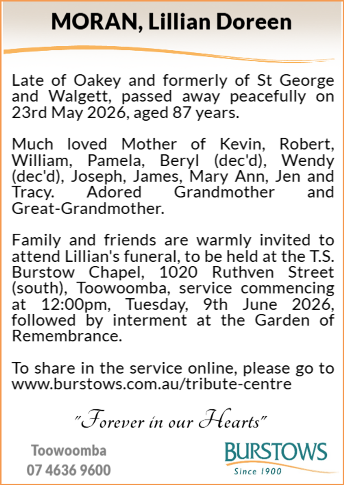 Funeral notice for Lillian Doreen Moran