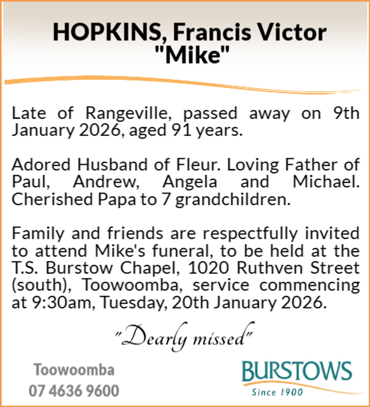 Funeral notice for Francis Victor Hopkins
