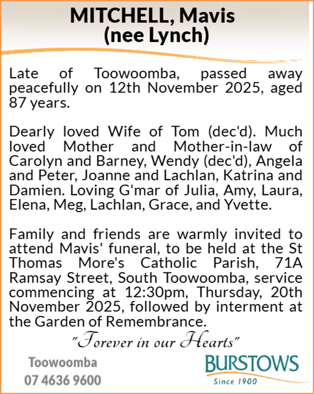 Funeral notice for Mavis Mitchell