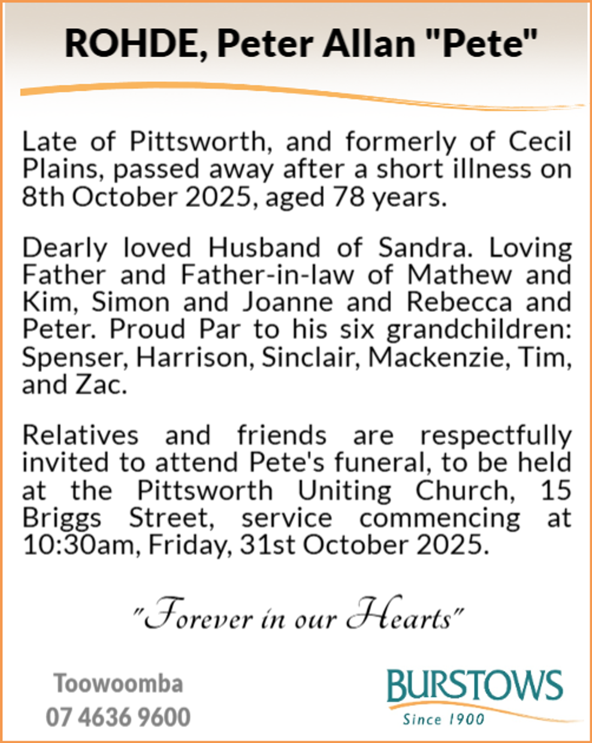 Funeral notice for Peter Allan Rohde