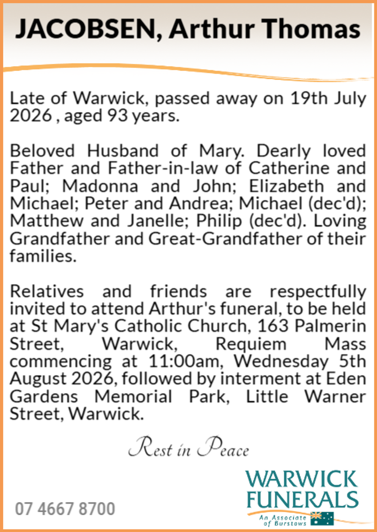 Funeral notice for Arthur Thomas Jacobsen