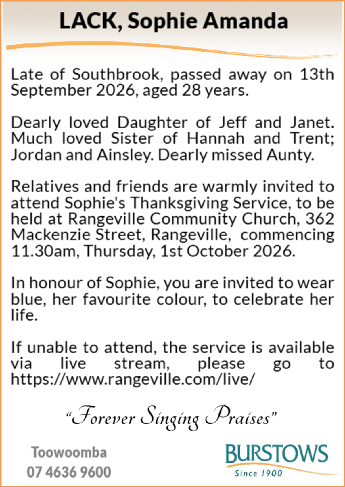 Funeral notice for Sophie Amanda Lack