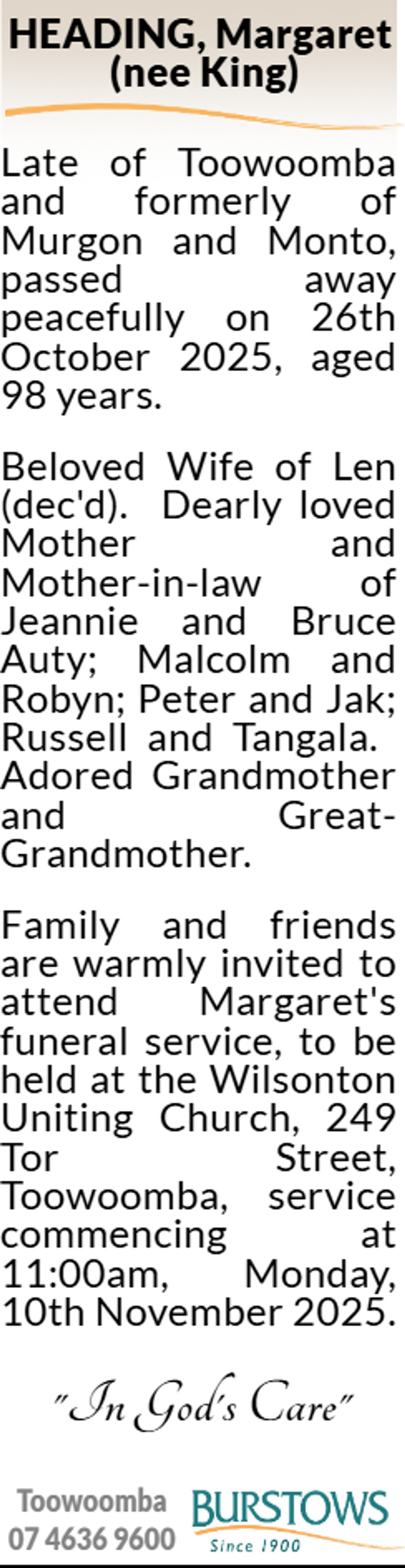 Funeral notice for Margaret Heading