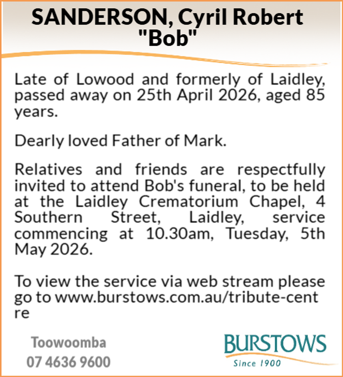 Funeral notice for Cyril Robert Sanderson