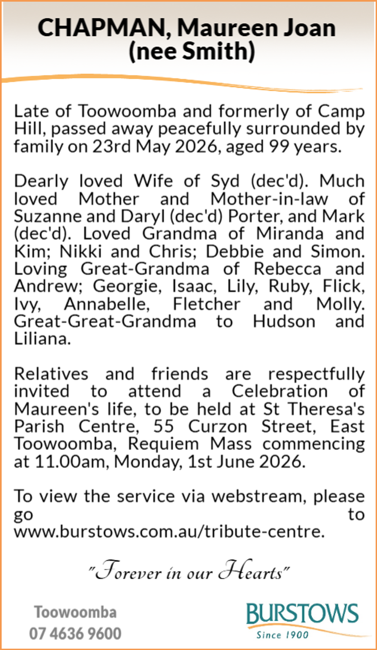 Funeral notice for Maureen Joan Chapman