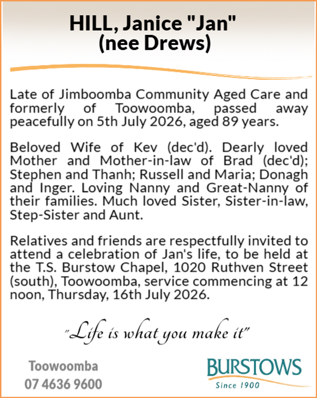 Funeral notice for Janice Hill