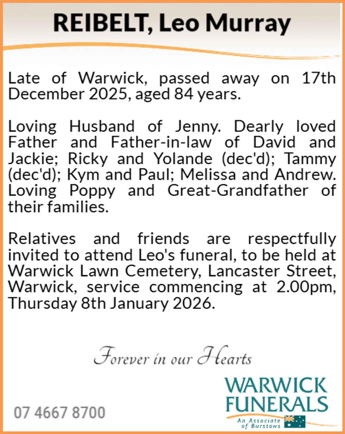Funeral notice for Leo Murray Reibelt