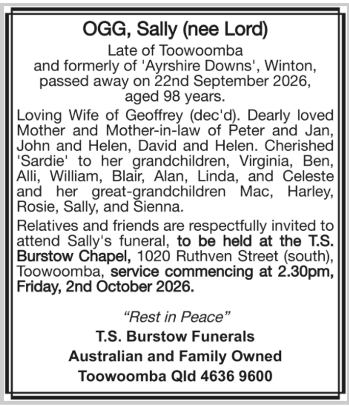 Funeral notice for Sally Ogg