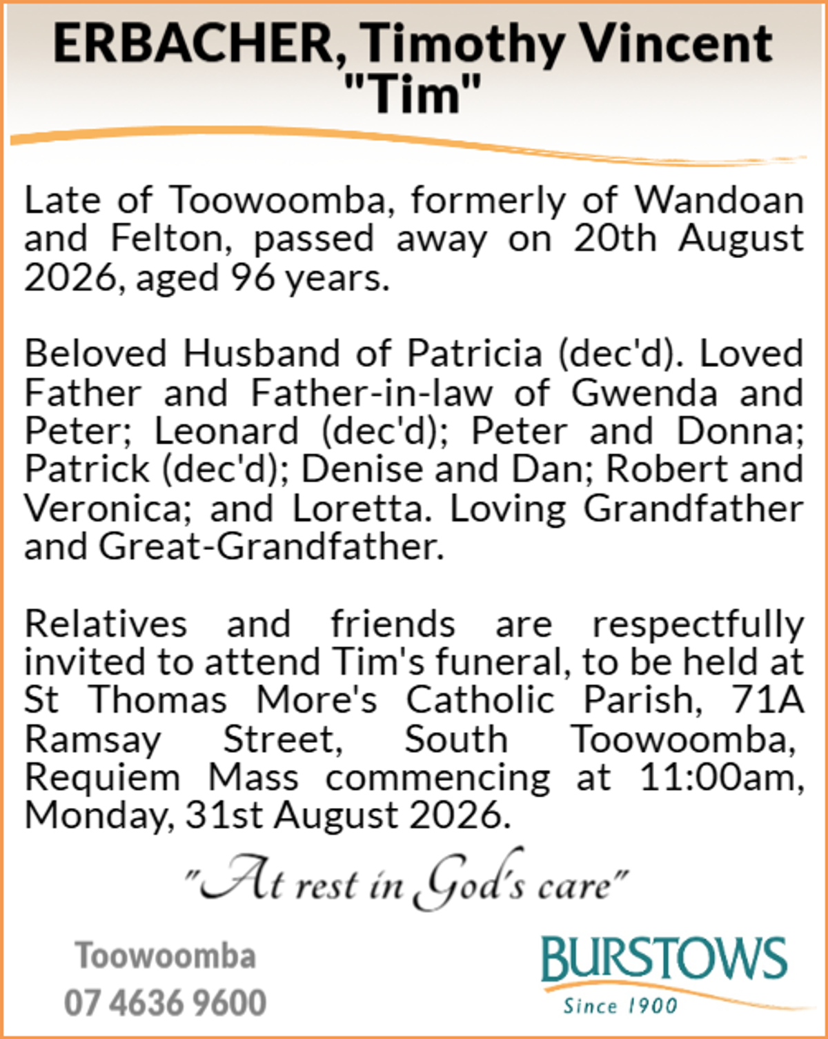 Funeral notice for Timothy Vincent Erbacher