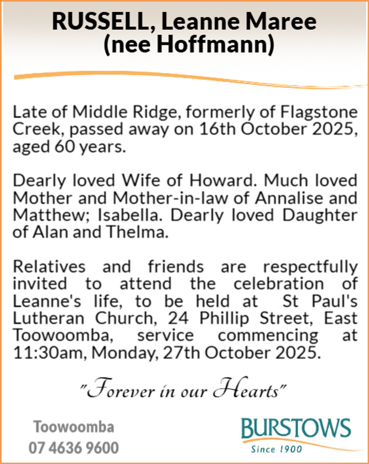 Funeral notice for Leanne Maree Russell