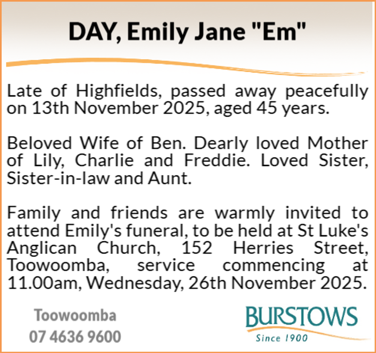 Funeral notice for Emily Jane Day