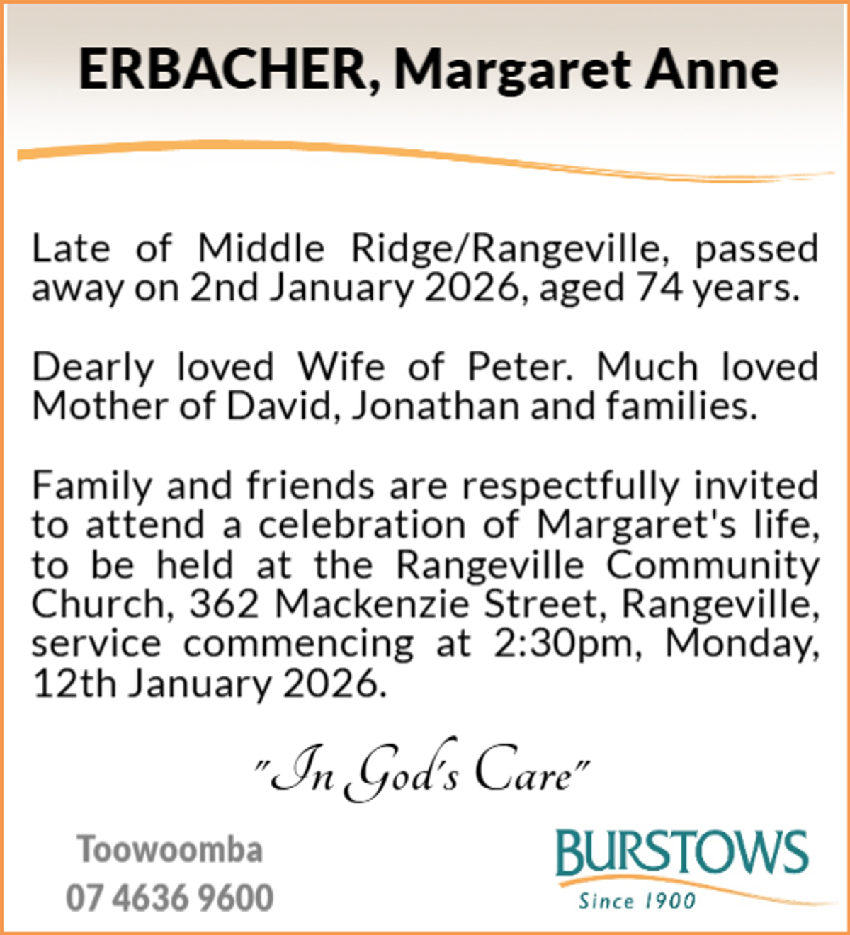 Funeral notice for Margaret Anne Erbacher