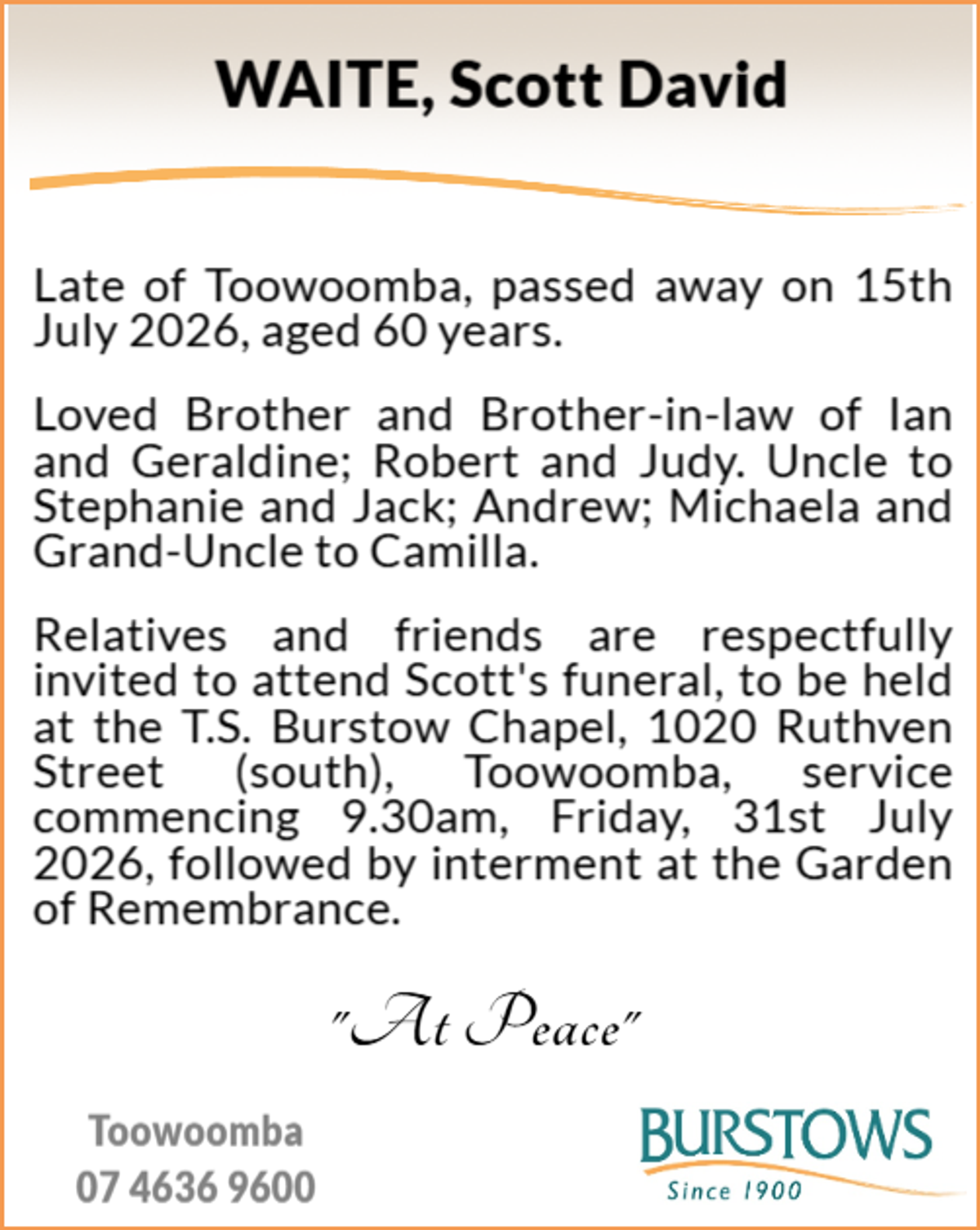 Funeral notice for Scott David Waite