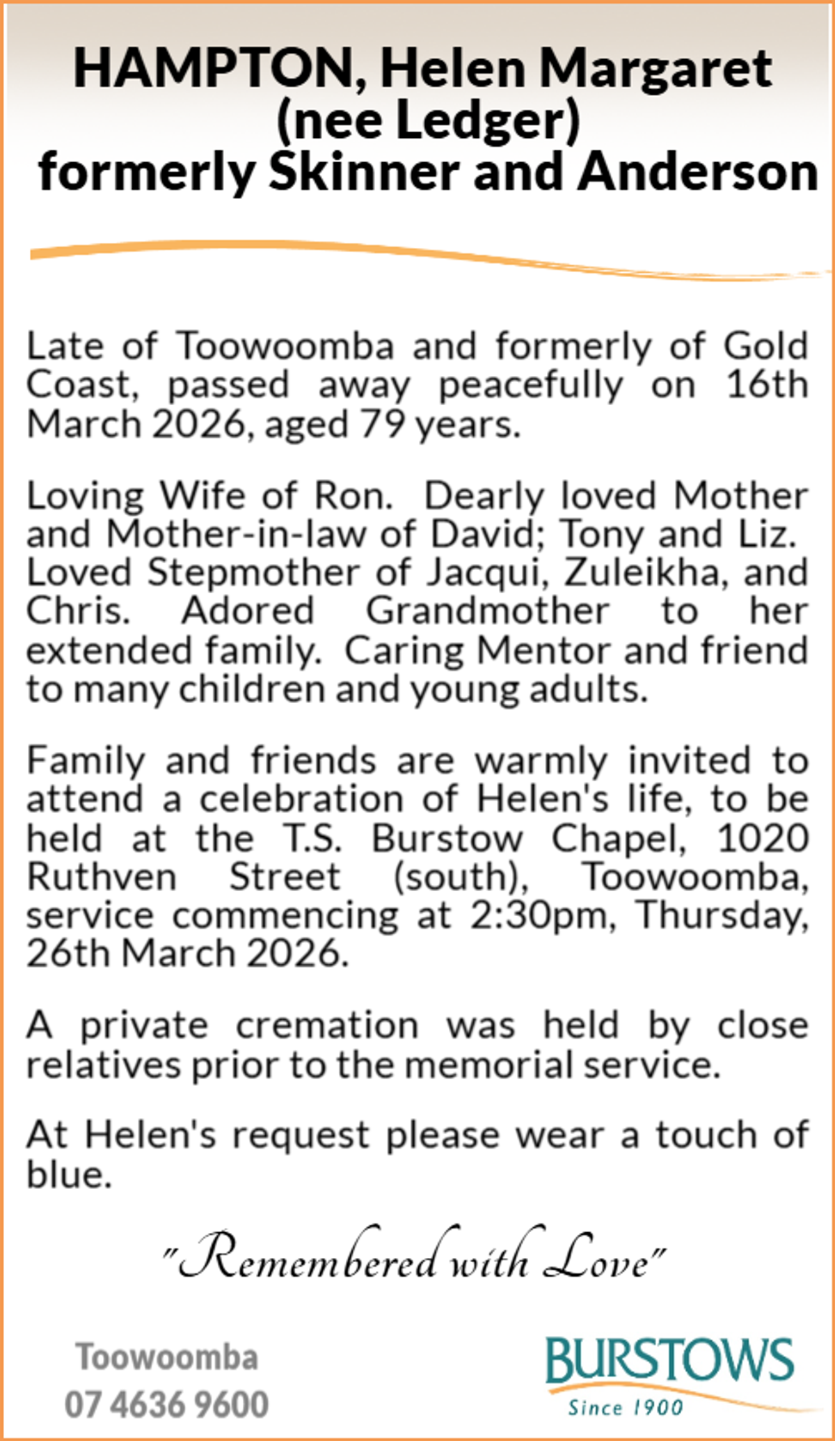 Funeral notice for Helen Margaret Hampton