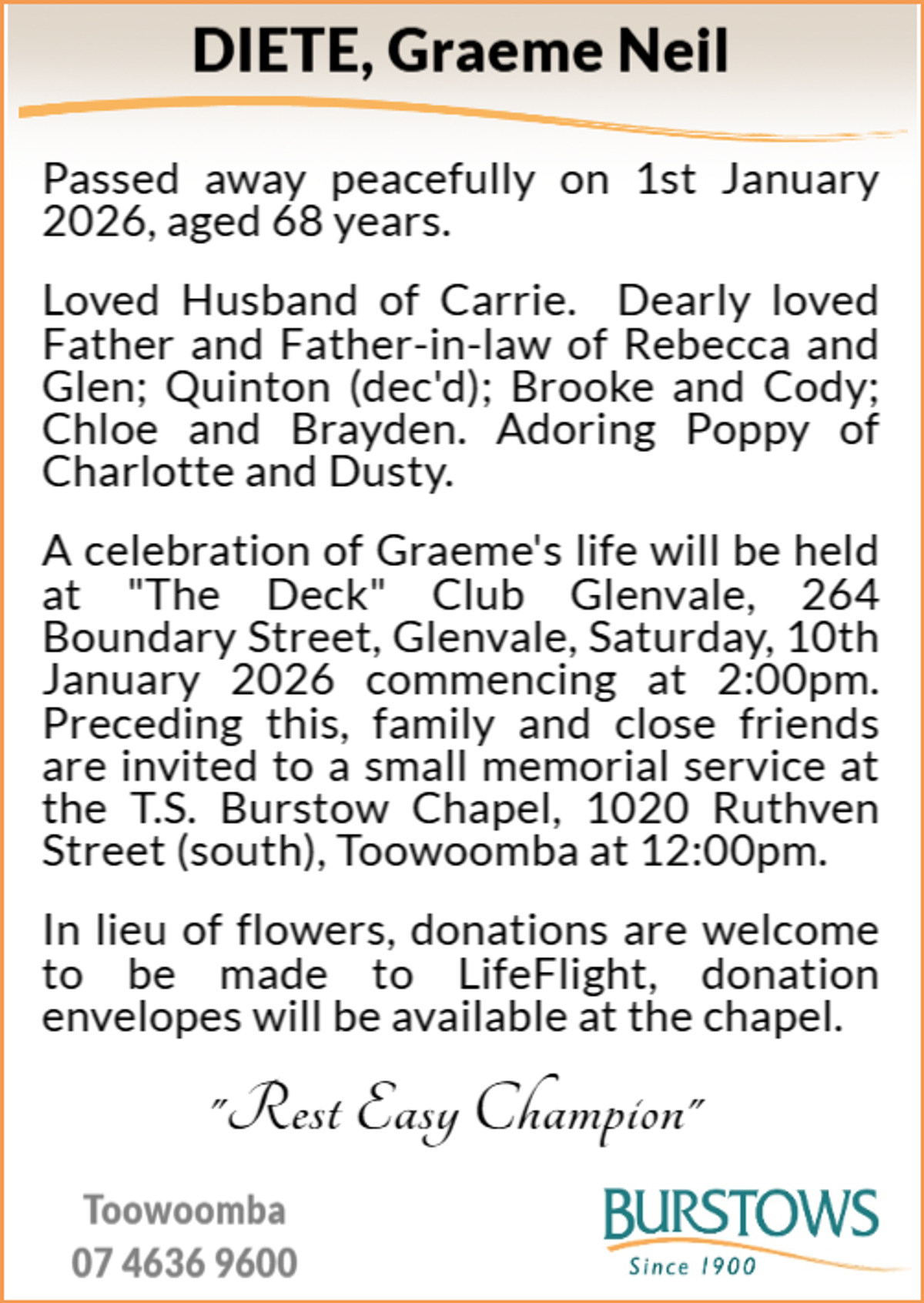 Funeral notice for Graeme Neil Diete