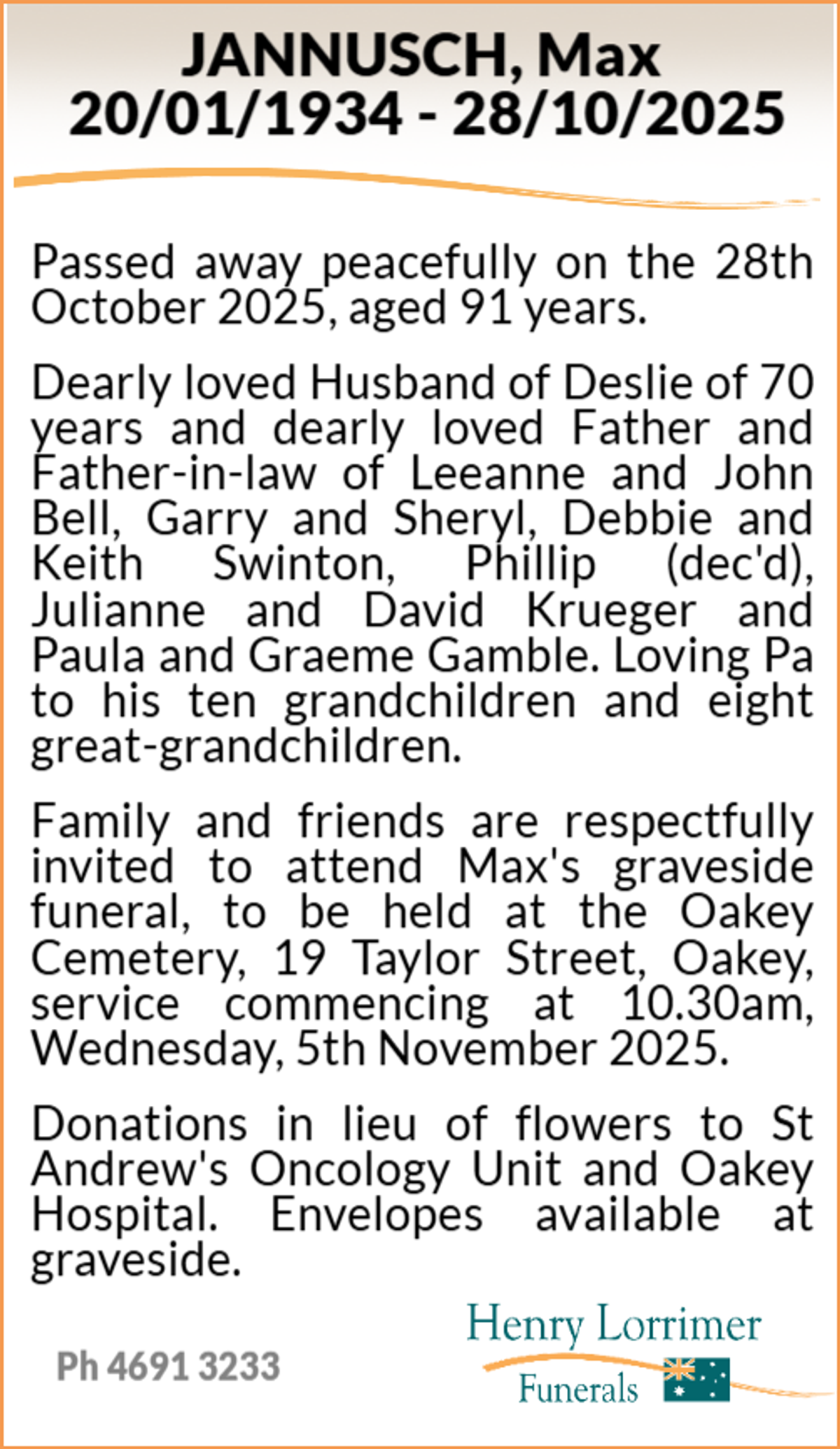 Funeral notice for Max Jannusch