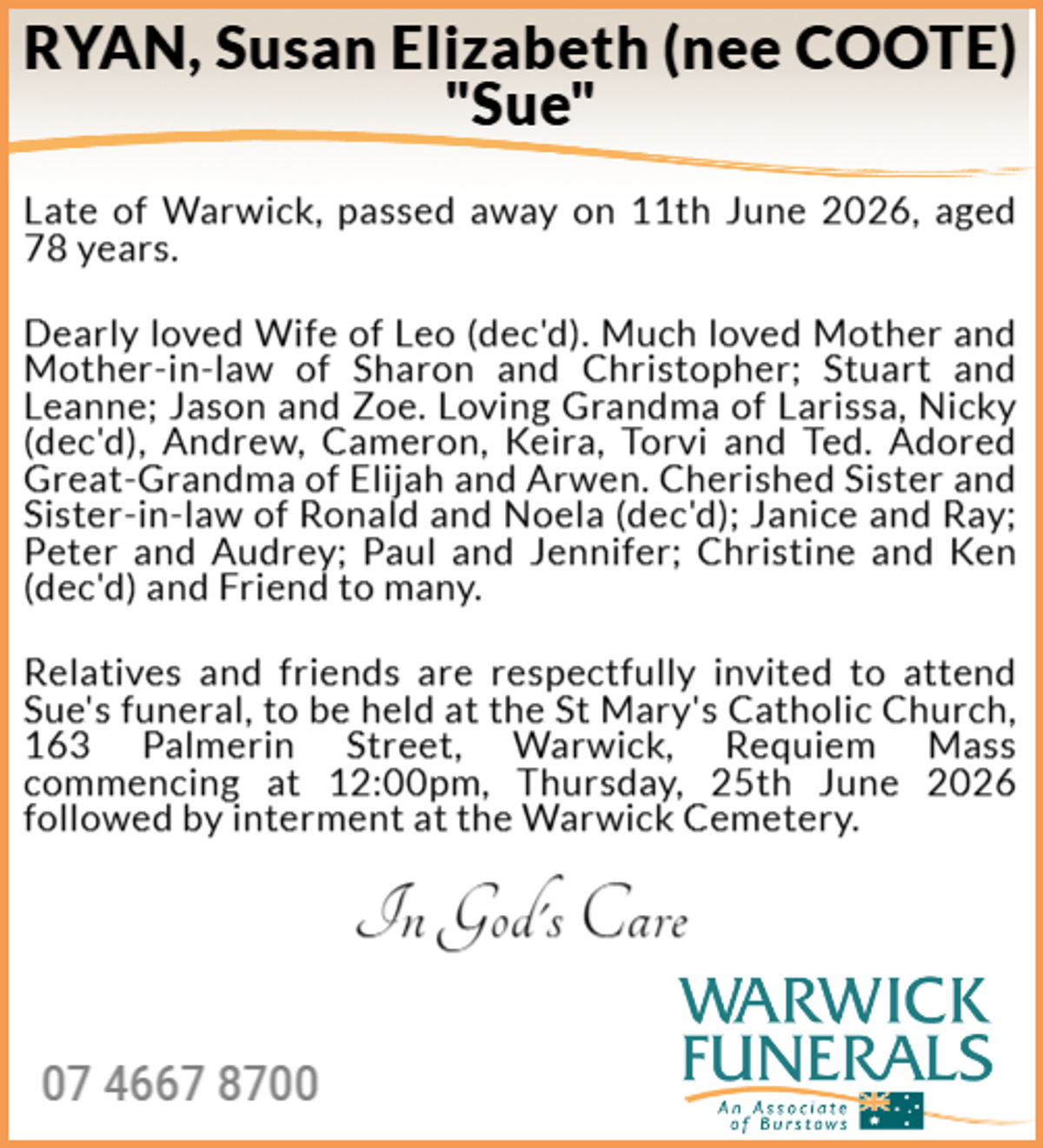 Funeral notice for Susan Elizabeth Ryan