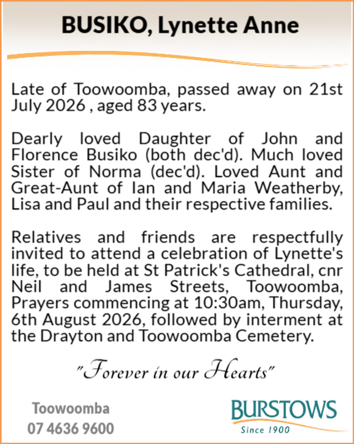 Funeral notice for Lynette Anne Busiko