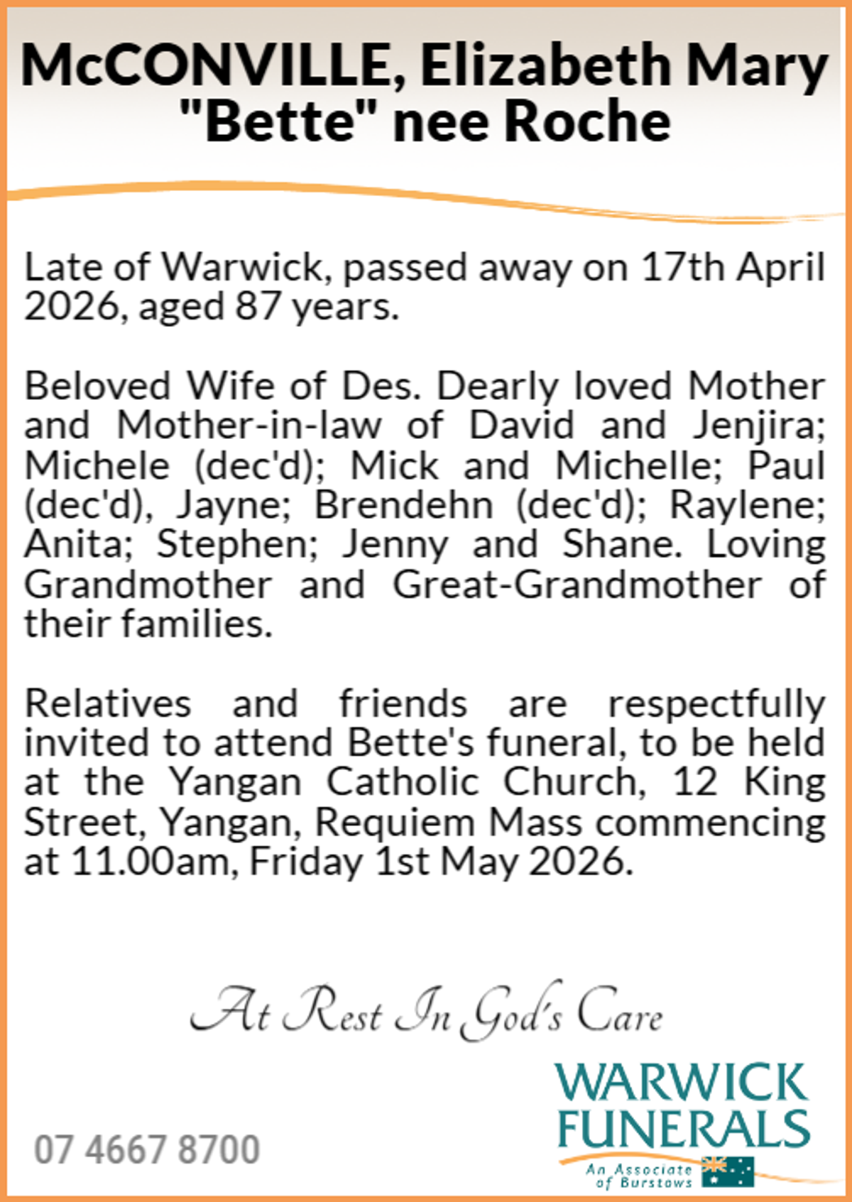 Funeral notice for Elizabeth Mary McConville