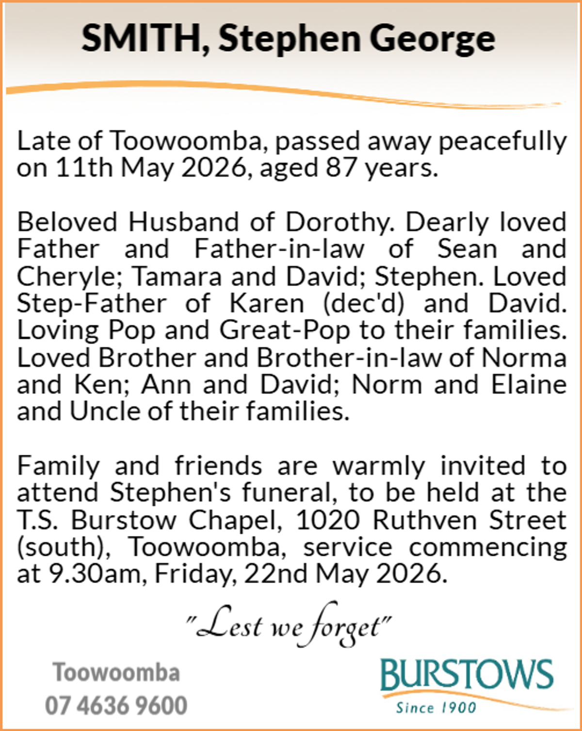 Funeral notice for Stephen George Smith