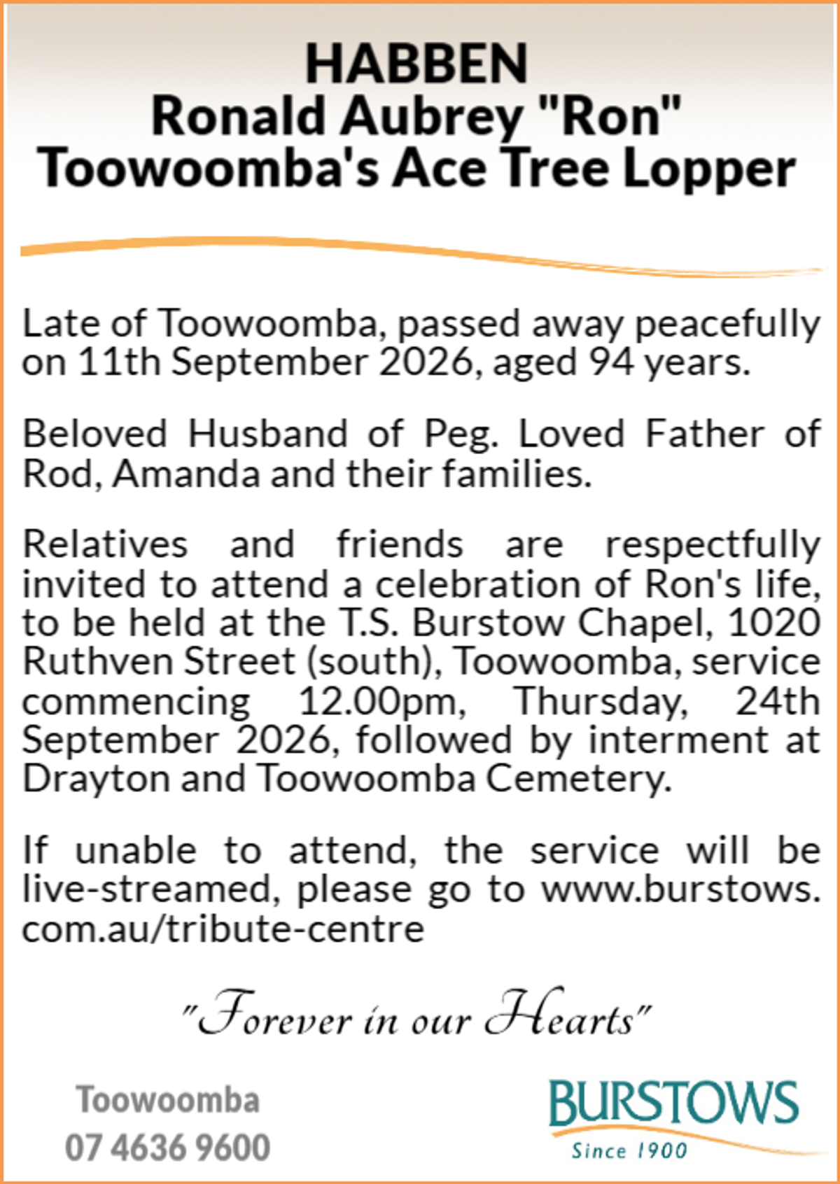 Funeral notice for Ronald Aubrey Habben