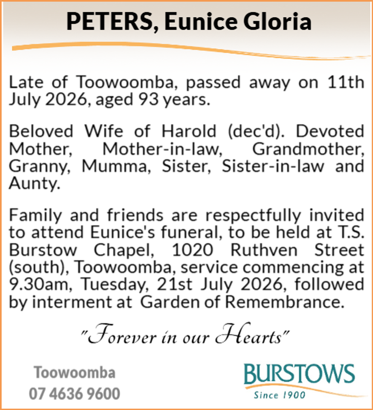 Funeral notice for Eunice Gloria Peters
