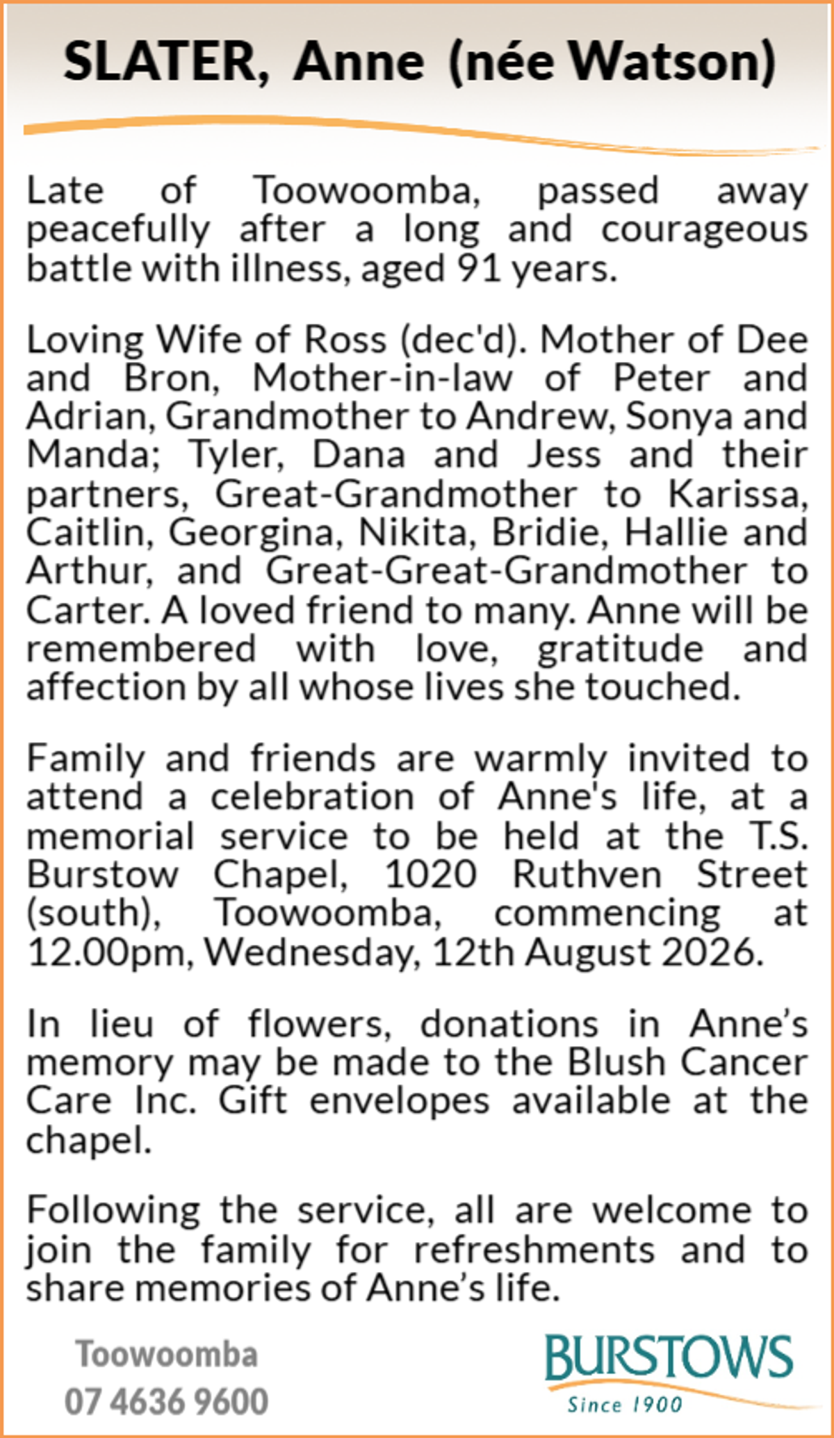 Funeral notice for Marguerite Anne Slater